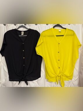 Women’s V-Neck Button Front Tie Shirts Tops - Yellow and Black Small